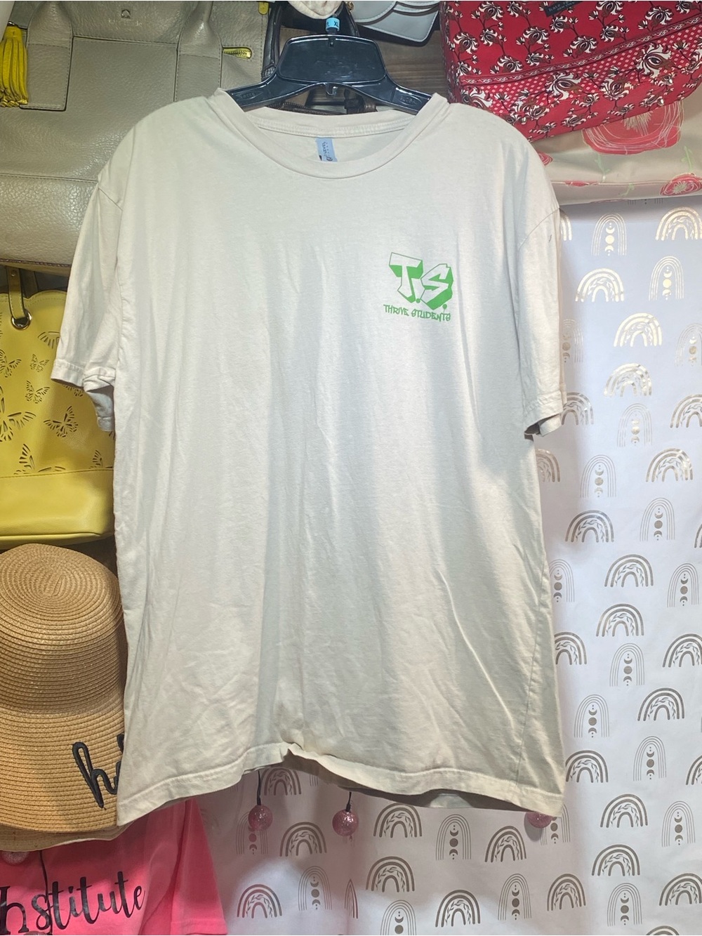 Next Level Apparel Light Beige Short-Sleeve Tee with Lime Green Chest Logo